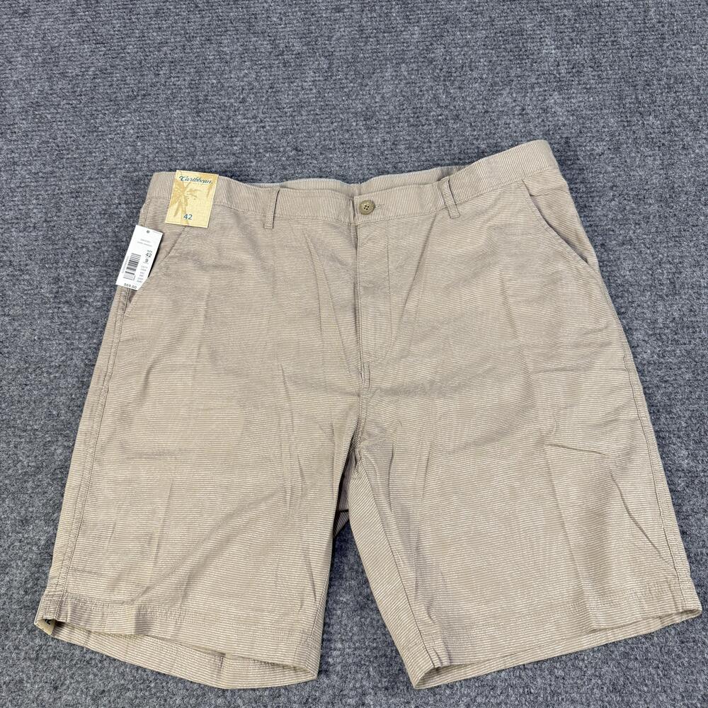 Roundtree Yorke Caribbean Shorts Mens 42 Khaki Hawaiian 9" Palm Print Casual